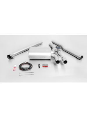 REMUS cat-back-system consisting of 1 front silencer replacement tube, 1 connection tube and sport exhaust centered with integrated valve (without tail pipes), pipe Ø 70 mm. 