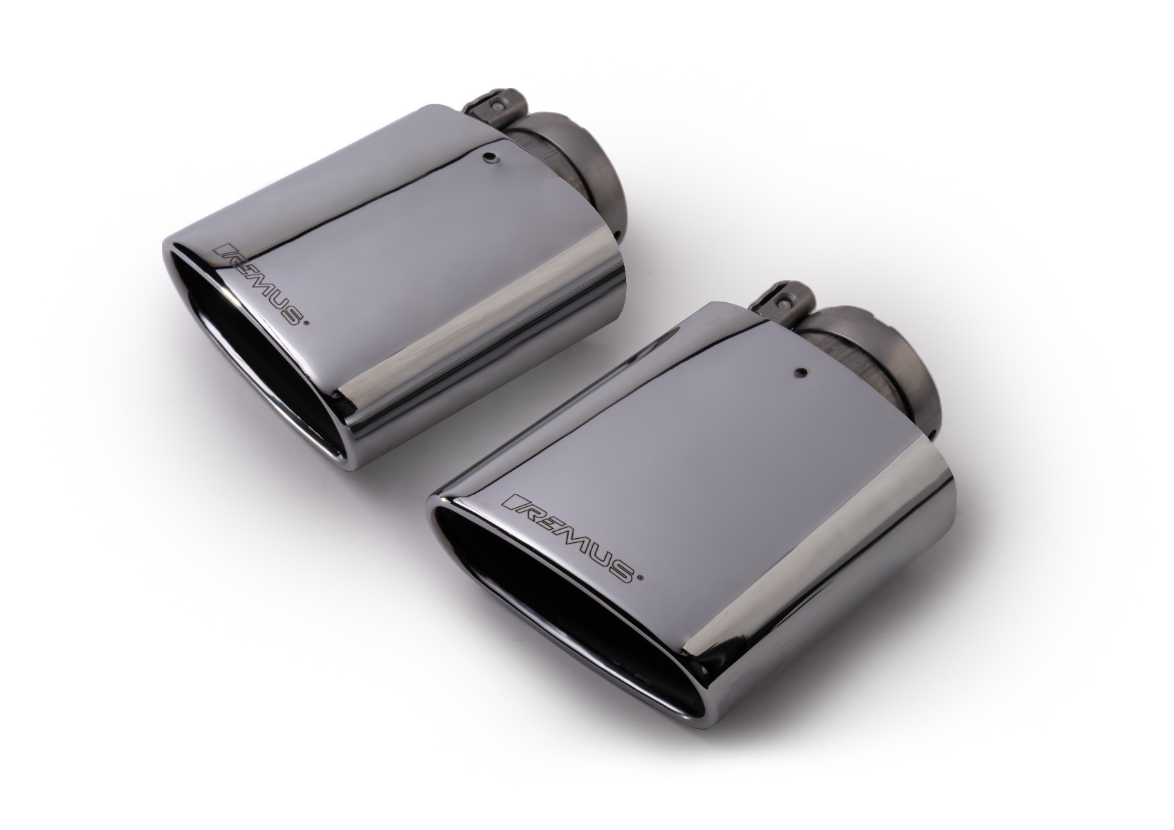 tail pipe set L/R each 1 tail pipe 142x72 mm angled/angled, chromed, with  adjustable spherical clamp connection